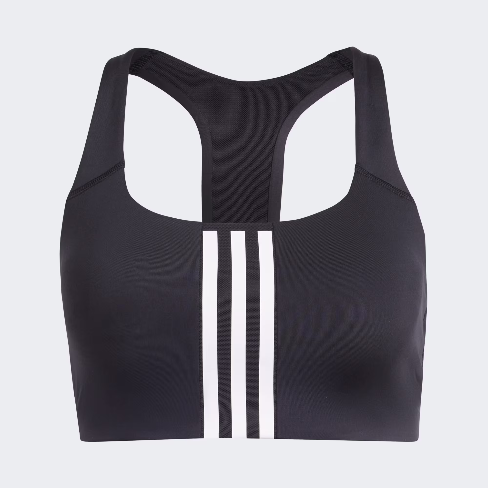 Powerimpact_Training_Medium-Support_3-Streifen_Sport-BH_Schwarz_IQ3369_01_laydown نیم تنه زنانه آدیداس مدل Powerimpact Training Medium-Support 3-Stripes Bra - Image 1